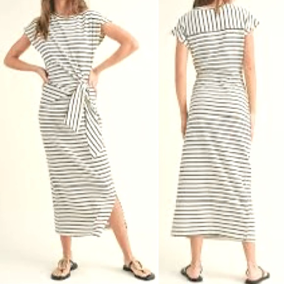 Miou Muse $119 Striped Black & Ivory Breton Vanina Tie Waist Dress Small EUC - Picture 1 of 9